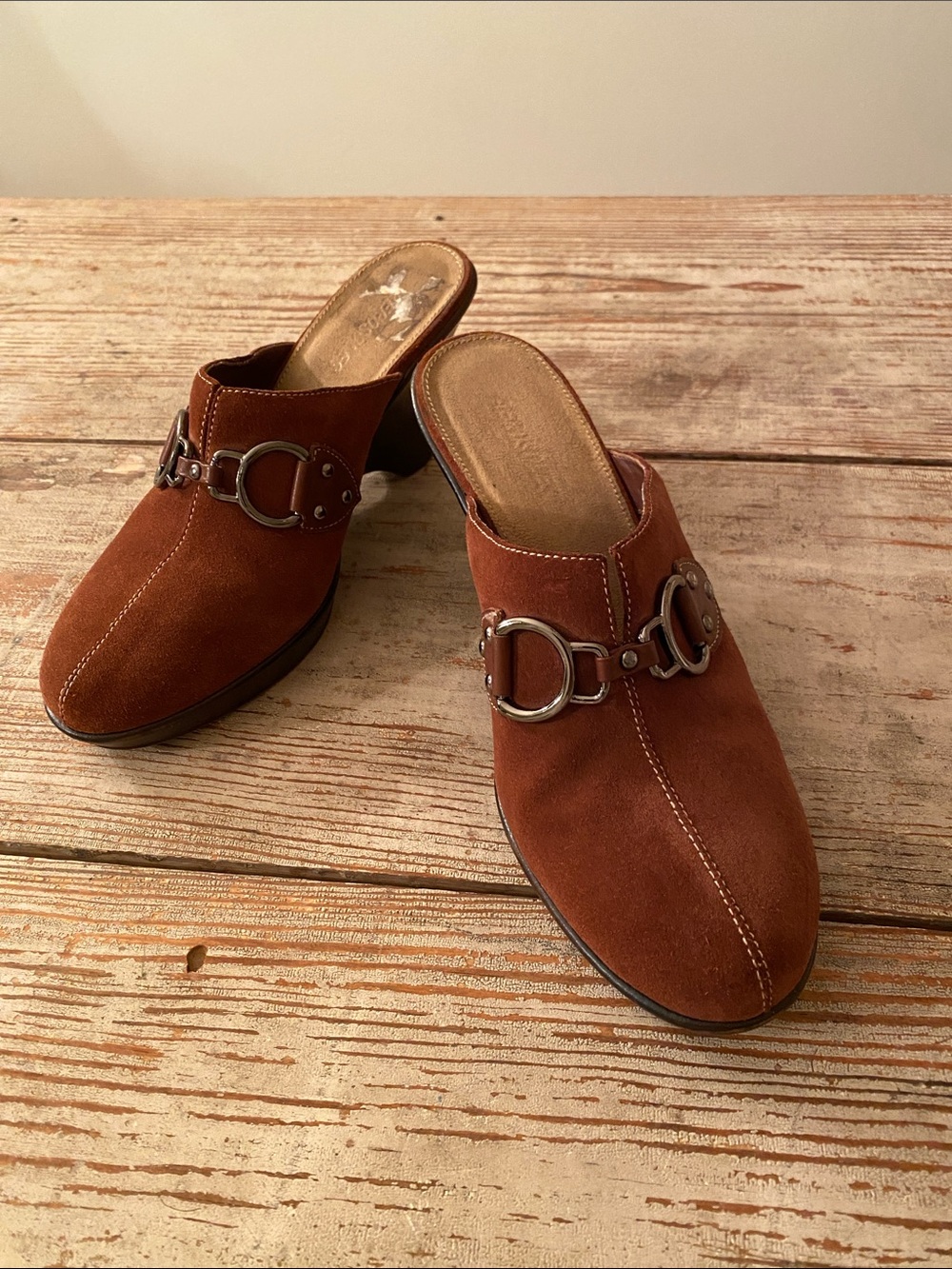 AEROSOLES Rust Brown Suede Heeled Mules with Metal Bit